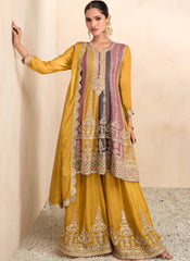Yellow Multicolor Chinon Anarkali Suit With Sharara