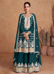 Teal Green Real Chinon Embroidered Sharara Style Suit