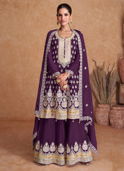 Wine-Purple Real Chinon Embroidered Sharara Style Suit