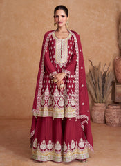 Maroon Real Chinon Embroidered Sharara Style Suit