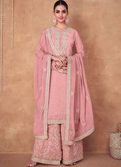 Baby Pink Real Chinon Embroidered Palazzo Style Suit