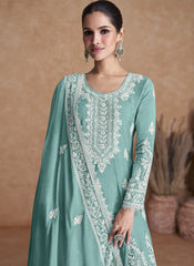 Sea Green Embroidered Silk Palazzo/Sharara Style Suit