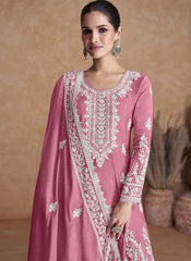 Coral Pink Embroidered Silk Palazzo/Sharara Style Suit