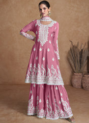 Coral Pink Embroidered Silk Palazzo/Sharara Style Suit