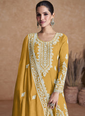 Yellow Embroidered Silk Palazzo/Sharara Style Suit