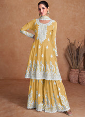 Yellow Thread Work Embroidery Wedding Sharara/Palazzo Style Suit