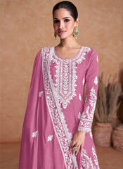 Fuchsia Pink Thread Work Embroidery Wedding Sharara/Palazzo Style Suit