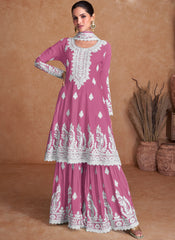 Fuchsia Pink Thread Work Embroidery Wedding Sharara/Palazzo Style Suit