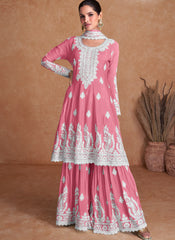 Pastel Pink Thread Work Embroidery Wedding Sharara/Palazzo Style Suit