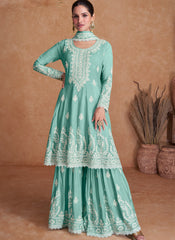 Sea Blue Real Chinon Embroidered Sharara Style Suit