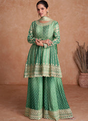 Shaded Dark Green and Light Green Heavy Chinon Anarkali Suit with Gharara