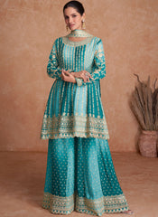 Shaded Firozi and Light Blue Heavy Chinon Anarkali Suit with Gharara