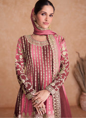 Maroon and Pink Traditional Embroidery Wedding Gharara Suit