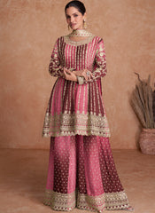 Maroon and Pink Traditional Embroidery Wedding Gharara Suit