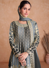 Black and Grey Traditional Embroidery Wedding Gharara Suit