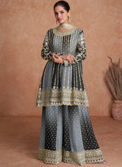 Black and Grey Traditional Embroidery Wedding Gharara Suit