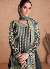 Black and Light Grey Traditional Embroidery Wedding Gharara Suit