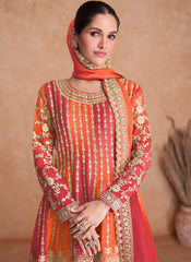 Orange and Red Traditional Embroidery Wedding Gharara Suit