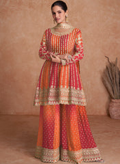 Orange and Red Traditional Embroidery Wedding Gharara Suit