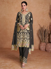 Deep Grey Multi Embroidery Traditional Pant Style Suit