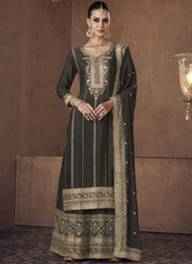 Olive Black Embroidered Chinon Palazzo Style Suit