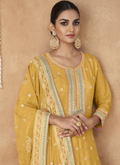 Yellow Embroidered Chinon Palazzo Style Suit