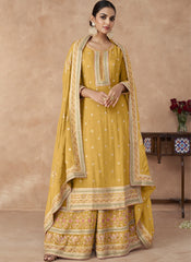 Yellow Embroidered Chinon Palazzo Style Suit