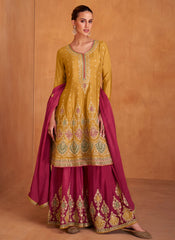 Yellow and Rani Ready to Wear Real Chinon Salwar Kameez