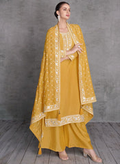 Yellow Embroidered Silk Straight Cut Suit