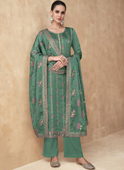 Rama Green Embroidered Chinon-Georgette Straight Cut Suit