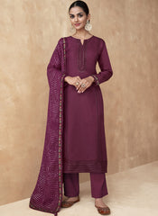 Wine Embroidered Chinon-Georgette Straight Cut Suit