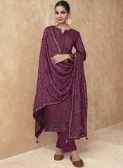 Wine Embroidered Chinon-Georgette Straight Cut Suit