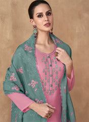 Pink and Rama Green Embroidered Chinon-Georgette Straight Cut Suit