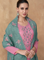 Pink and Rama Green Embroidered Chinon-Georgette Straight Cut Suit