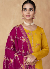 Yellow and Rani Embroidered Chinon-Georgette Straight Cut Suit
