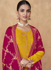Yellow and Rani Embroidered Chinon-Georgette Straight Cut Suit