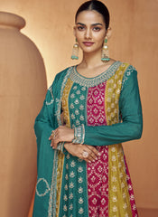 Firozi and Multicolor Embroidered Chinon Silk Suit