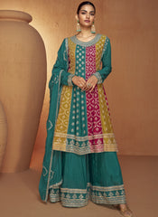Firozi and Multicolor Embroidered Chinon Silk Suit