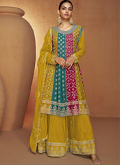 Yellow and Multicolor Embroidered Chinon Silk Suit