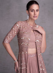 Mauve Sequence Embroidered Lehenga Choli With Jacket