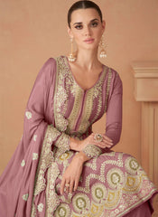 Mauve-Pink Embroidered Chinon Gharara Suit