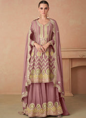 Mauve-Pink Embroidered Chinon Gharara Suit