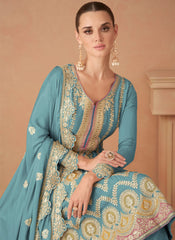 Greyish Blue Embroidered Chinon Gharara Suit