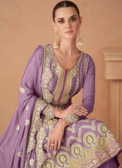 Purple Embroidered Chinon Gharara Suit