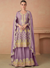 Purple Embroidered Chinon Gharara Suit