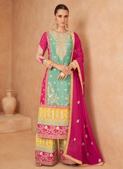 Sea Green Embroidered Chinon Palazzo Style Suit