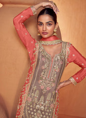 Grey and Peach Embroidered Chinon Palazzo Style Suit