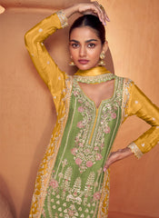 Green and Yellow Embroidered Chinon Palazzo Style Suit