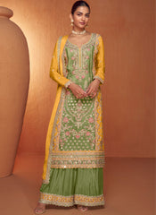 Green and Yellow Embroidered Chinon Palazzo Style Suit