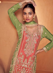 Peach and Green Embroidered Chinon Palazzo Style Suit